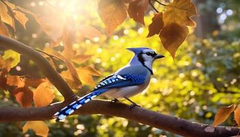 un vibrante amarillo pájaro encaramado en un rama en el bosque generado por ai foto