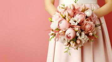 Beautiful wedding bouquet in bride's hands. Pink background. Generative AI photo