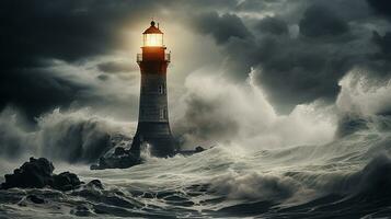 Beacon Amidst Chaos, Lighthouse Enduring the Fury of Crashing Waves photo