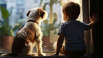 Window to Wonder. A Child and their Canine Friend Peer Outside photo