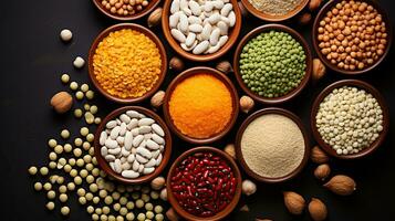 Different type of raw dry legumes composition. White beans, lentils, bulgur, chickpeas, kidney beans, corns, rice, Mix organic legume concept photo