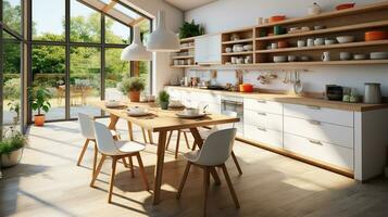 Scandinavian kitchen design with white chairs adjacent and numerous dishes and utensils on light kitchen furniture. Generative AI photo