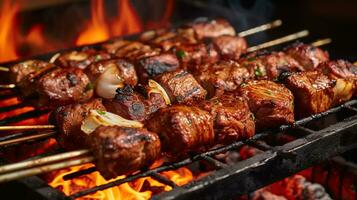 Meat prepared on coals in a barbecue. Shashlik. Generative AI photo