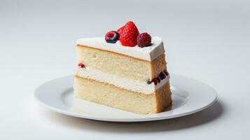 Photo of slice of genoise cake on white plate. Generative AI