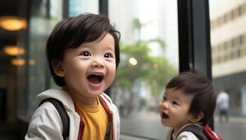 Two cute boys smiling, enjoying childhood outdoors with their family generated by AI photo