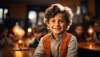 Smiling child looking at camera, boys cheerful indoors, portrait lifestyles generated by AI photo