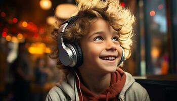 sonriente caucásico chico disfruta Noche escuchando con iluminado auriculares generado por ai foto