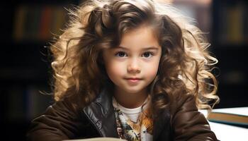 Smiling Caucasian girl studying indoors, focusing on book with joy generated by AI photo