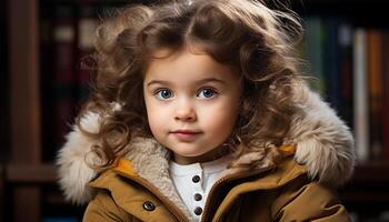 un linda niño con Rizado pelo sonriente, mirando a cámara generado por ai foto