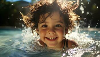 sonriente niño disfruta verano divertido, al aire libre, felicidad, y agua generado por ai foto