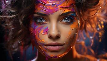 One young woman with multi colored face paint looking at camera generated by AI photo