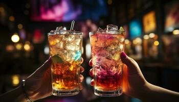 Men and women drinking cocktails at an illuminated outdoor bar generated by AI photo