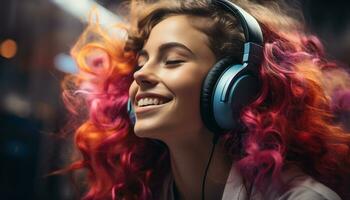 joven mujer disfrutando el la vida nocturna, bailando con auriculares en un club generado por ai foto