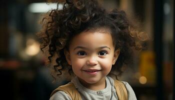 Smiling child with curly hair, cute and cheerful, looking at camera generated by AI photo