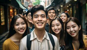 sonriente joven adultos en Beijing, disfrutando amistad y unión al aire libre generado por ai foto