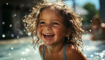 Smiling child, happiness, cheerful, wet, summer, outdoors, fun, cute, one person generated by AI photo