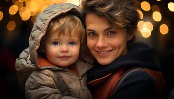 A happy family embraces outdoors, smiling with love and joy generated by AI photo