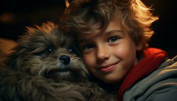 A cute small dog brings happiness and friendship to a child generated by AI photo