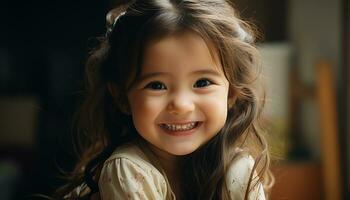 Smiling child, cute and cheerful, radiating happiness, looking at camera generated by AI photo