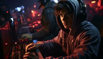 uno hombre jugando música, rodeado por oscuridad y fiesta luces generado por ai foto