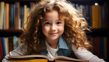 sonriente niño leyendo libro en linda biblioteca, educación trae felicidad generado por ai foto