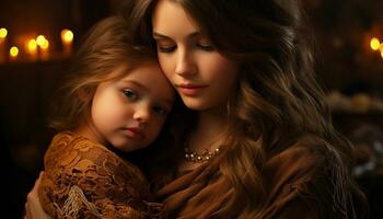 A beautiful mother and daughter embracing, radiating love and happiness generated by AI photo