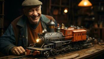 Smiling adult craftsman working on an old steam locomotive generated by AI photo