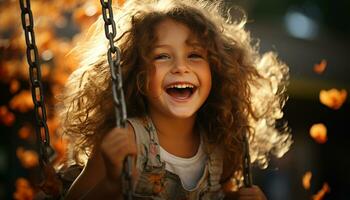 Smiling girl swinging, enjoying carefree childhood in the outdoors generated by AI photo