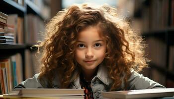 linda niña leyendo libro, sonriente, rodeado por biblioteca estantería generado por ai foto