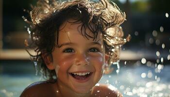 sonriente niño, mojado y alegre, felicidad en uno persona divertido generado por ai foto