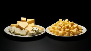 Pile of cheese on two plates isolated on black background. Generative AI photo