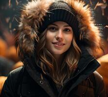 Smiling young woman in winter fashion, looking at camera outdoors generated by AI photo