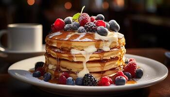 A stack of homemade blueberry pancakes with fresh raspberry syrup generated by AI photo