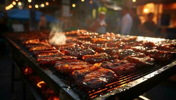 A la parrilla carne en brocheta, parilla fiesta, sano comiendo, verano refresco generado por ai foto