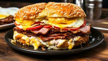 Grilled beef burger on a wooden plate with fresh tomato generated by AI photo