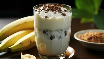 Banana milkshake, a refreshing dessert with whipped cream and chocolate generated by AI photo