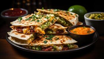 Taco, guacamole, meat, tortilla, cilantro, beef, plate, vegetable, sauce, grilled generated by AI photo