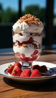 Fresh strawberry dessert on a wooden table with whipped cream generated by AI photo