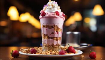 Freshness and sweetness in a bowl of homemade berry ice cream generated by AI photo