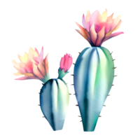 Watercolor Blooming cactus with flowers in vintage pots. Generative AI. png