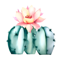 Watercolor Blooming cactus with flowers in vintage pots. Generative AI. png