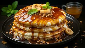 Stack of homemade pancakes with chocolate sauce and fresh berries generated by AI photo