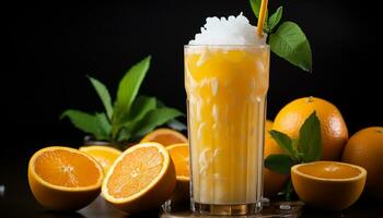 Fresco agrios Fruta cóctel, hielo, verano naranja, amarillo líquido, Bebiendo vaso generado por ai foto