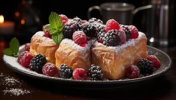 Freshness and sweetness on a plate raspberry, blueberry, and strawberry generated by AI photo