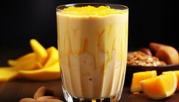 Freshness and sweetness in a glass, a healthy milkshake dessert generated by AI photo