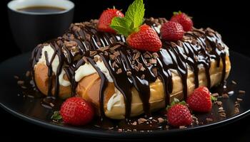 frescura de Fruta y dulzura de chocolate en un gastrónomo plato generado por ai foto