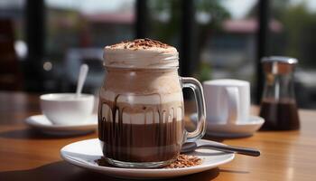 Fresh cappuccino on wooden table, a perfect morning caffeine boost generated by AI photo