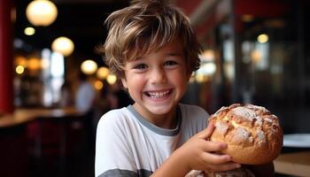 sonriente niño participación Galleta, disfrutando dulce comida en alegre cocina generado por ai foto