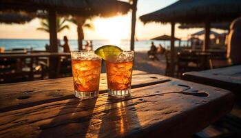 Summer sunset, outdoor bar, cocktail, relaxation, wood, drinking glass, water generated by AI photo