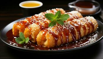 Gourmet dessert plate with fresh sweet food, snack, and refreshment generated by AI photo